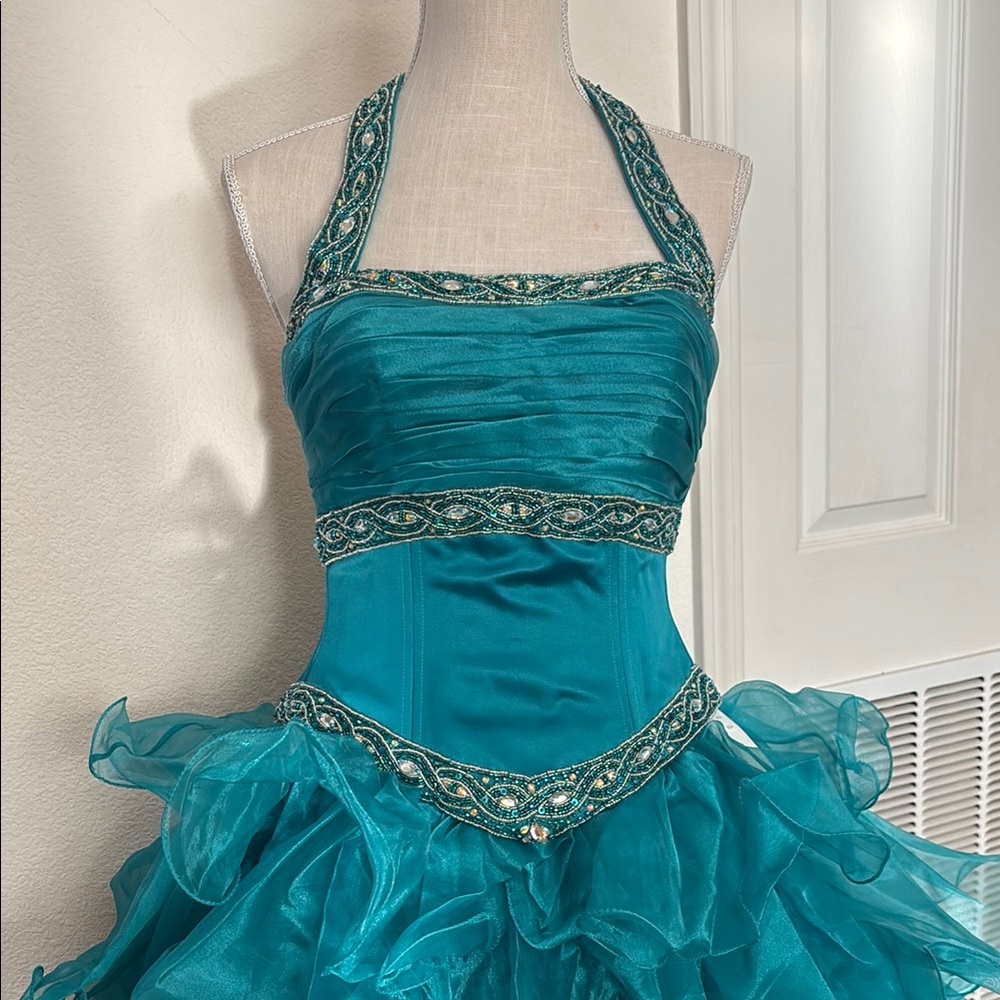Teal Halter Dress with Ruffled ballroom poof Skirt. Princess Disney Barbie Prom